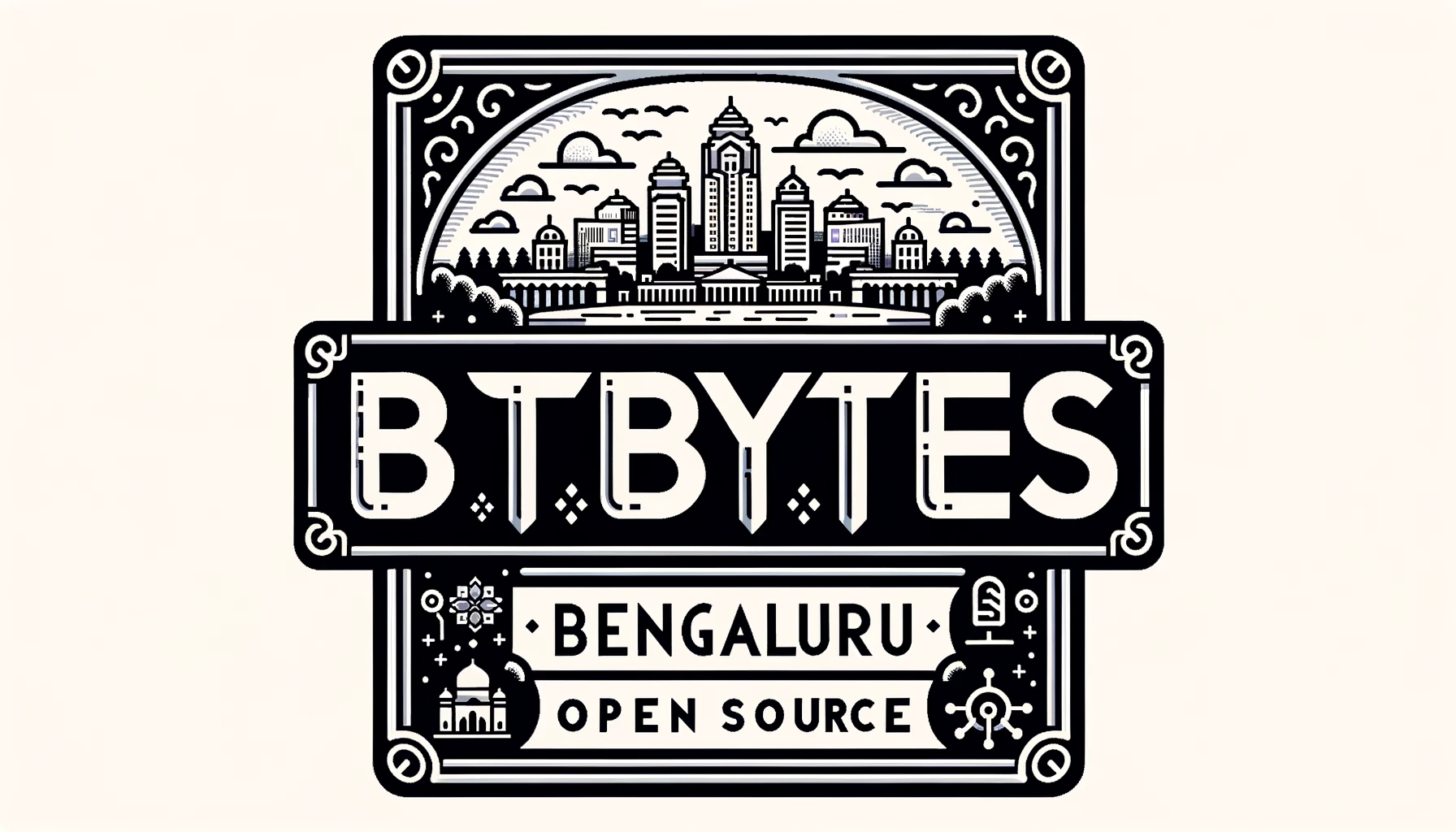 Rectangular logo with the word 'BTBYTES' prominently at the center, stylized with a circuit board pattern. Below it are the words 'BENGALURU', 'KANNADA', and 'OPEN SOURCE'. The design incorporates elements of Bengaluru like the Vidhana Soudha silhouette and includes Kannada script accents.