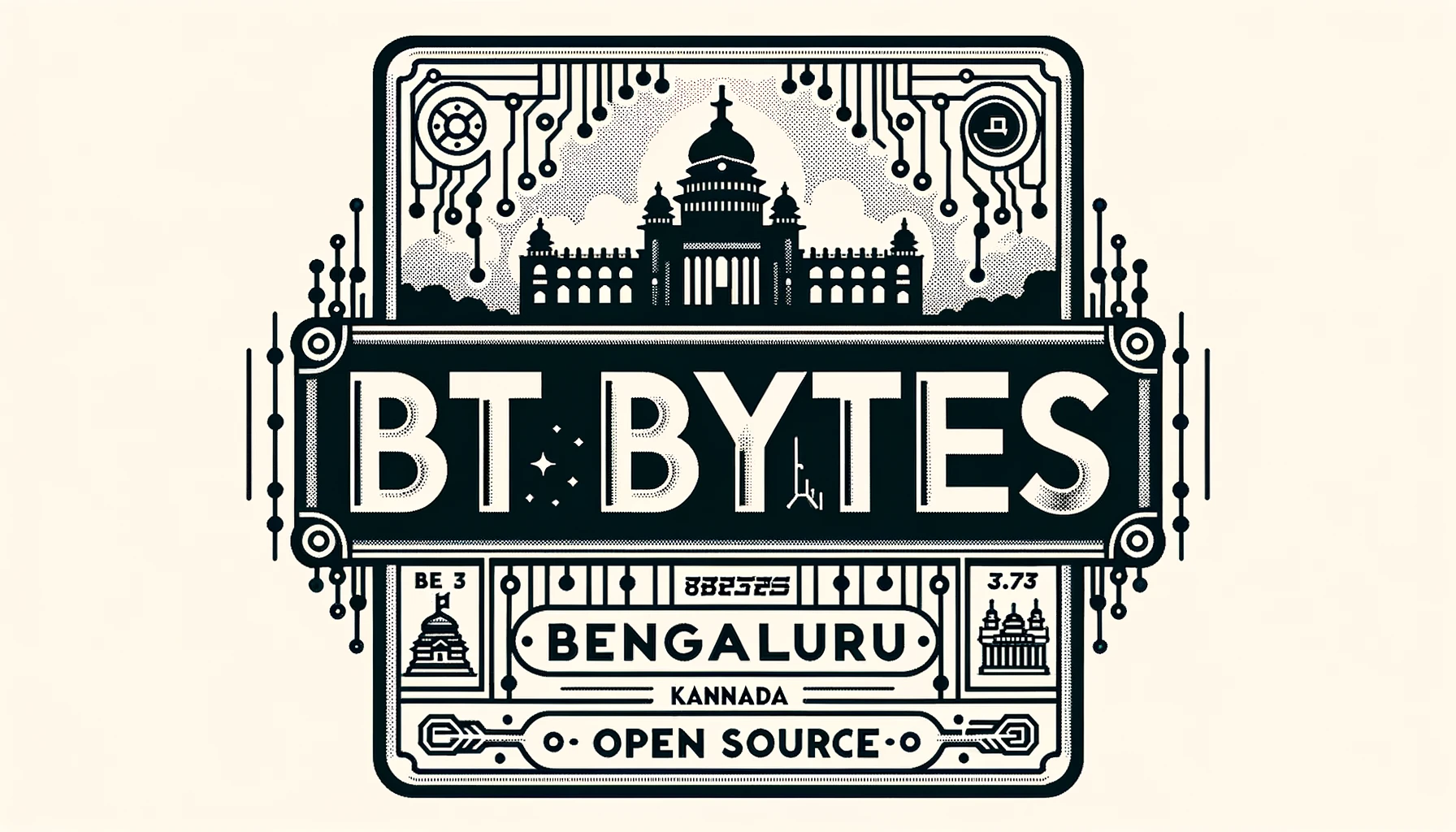 Rectangular logo with the word 'BTBYTES' prominently at the center, stylized with a circuit board pattern. Below it are the words 'BENGALURU', 'KANNADA', and 'OPEN SOURCE'. The design incorporates elements of Bengaluru like the Vidhana Soudha silhouette and includes Kannada script accents.