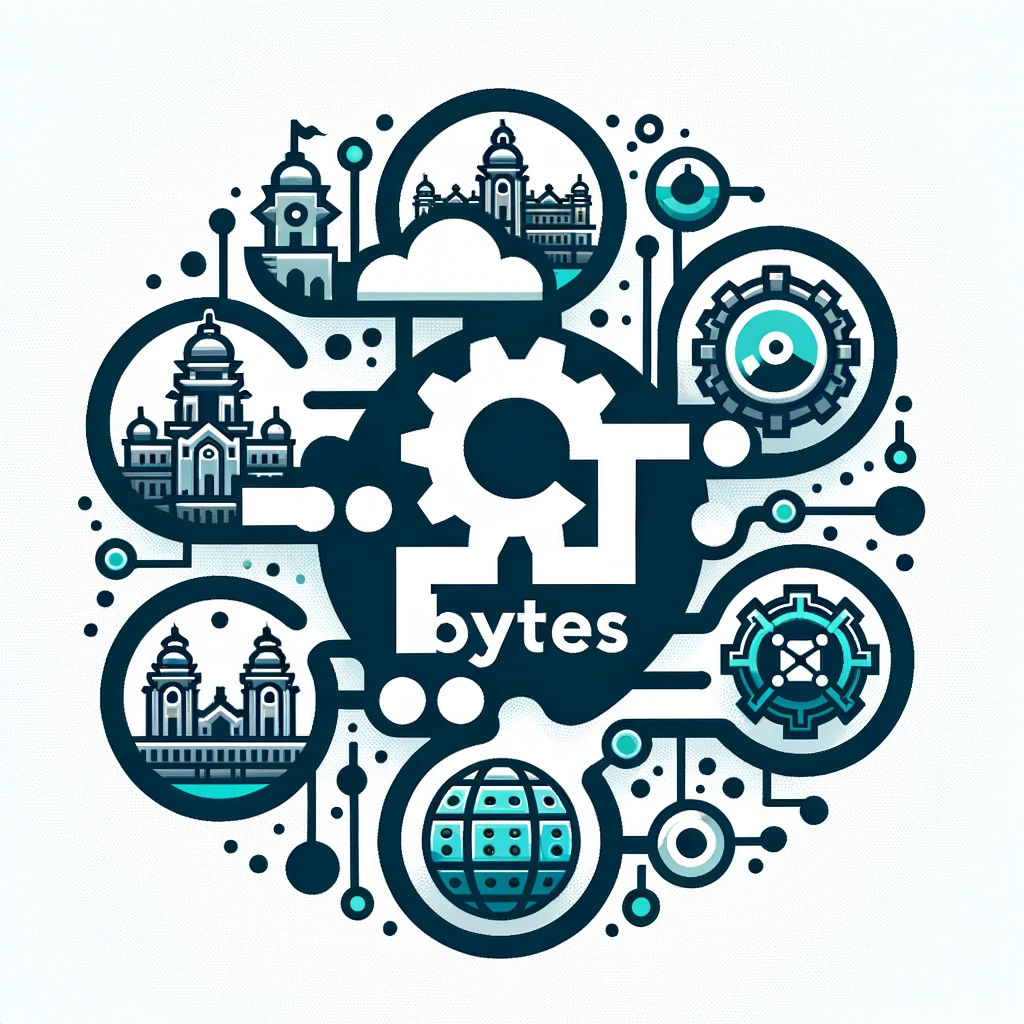 Rectangular logo with the word 'BTBYTES' prominently at the center, stylized with a circuit board pattern. Below it are the words 'BENGALURU', 'KANNADA', and 'OPEN SOURCE'. The design incorporates elements of Bengaluru like the Vidhana Soudha silhouette and includes Kannada script accents.