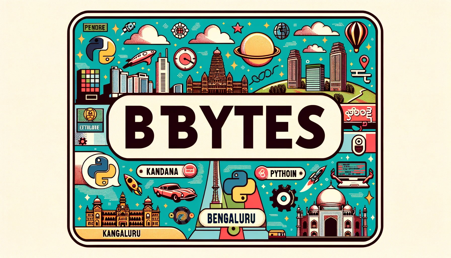 2D mid 20th century comic styled rectangular logo in pastel colors. 'BTBYTES' is prominently displayed at the top, integrating illustrations of Bengaluru's landmarks. Below, the words 'BENGALURU', 'KANNADA', 'PYTHON', and 'OPEN SOURCE' are placed in a vintage font, accompanied by technology icons and hints of Kannada script. The entire design carries a retro feel with modern elements.