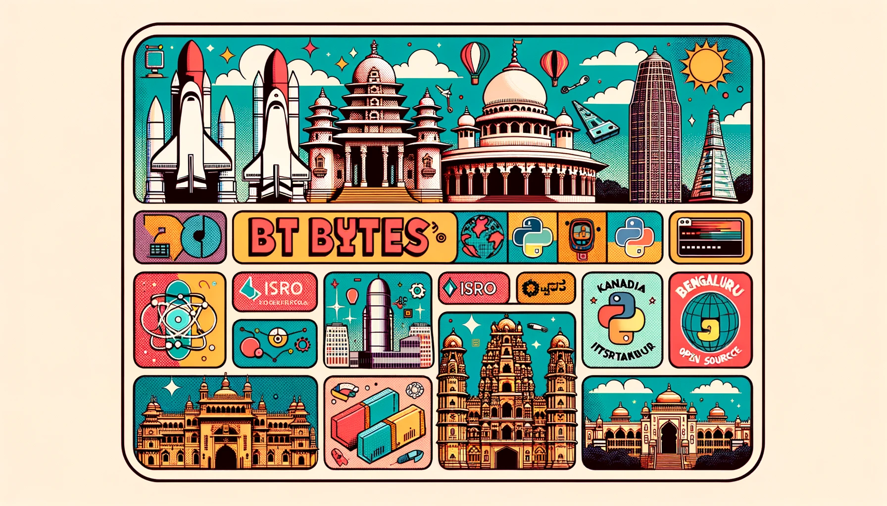 2D mid 20th century comic styled rectangular logo in pastel colors. 'BTBYTES' is emblazoned at the top, alongside illustrations of Bengaluru's landmarks, including the Bull Temple, ISRO's space research infrastructure, and the Indian Institute of Science facade. Directly below, the words 'BENGALURU', 'KANNADA', 'PYTHON', and 'OPEN SOURCE' are distinctly showcased in a vintage font. Interspersed throughout are technology icons, subtle Kannada script touches, representations...The overall design is a vibrant fusion of retro charm with contemporary elements.