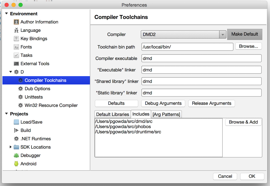 Xamarin Studio / Preferences / D / Compiler toolchains / includes (tab)
